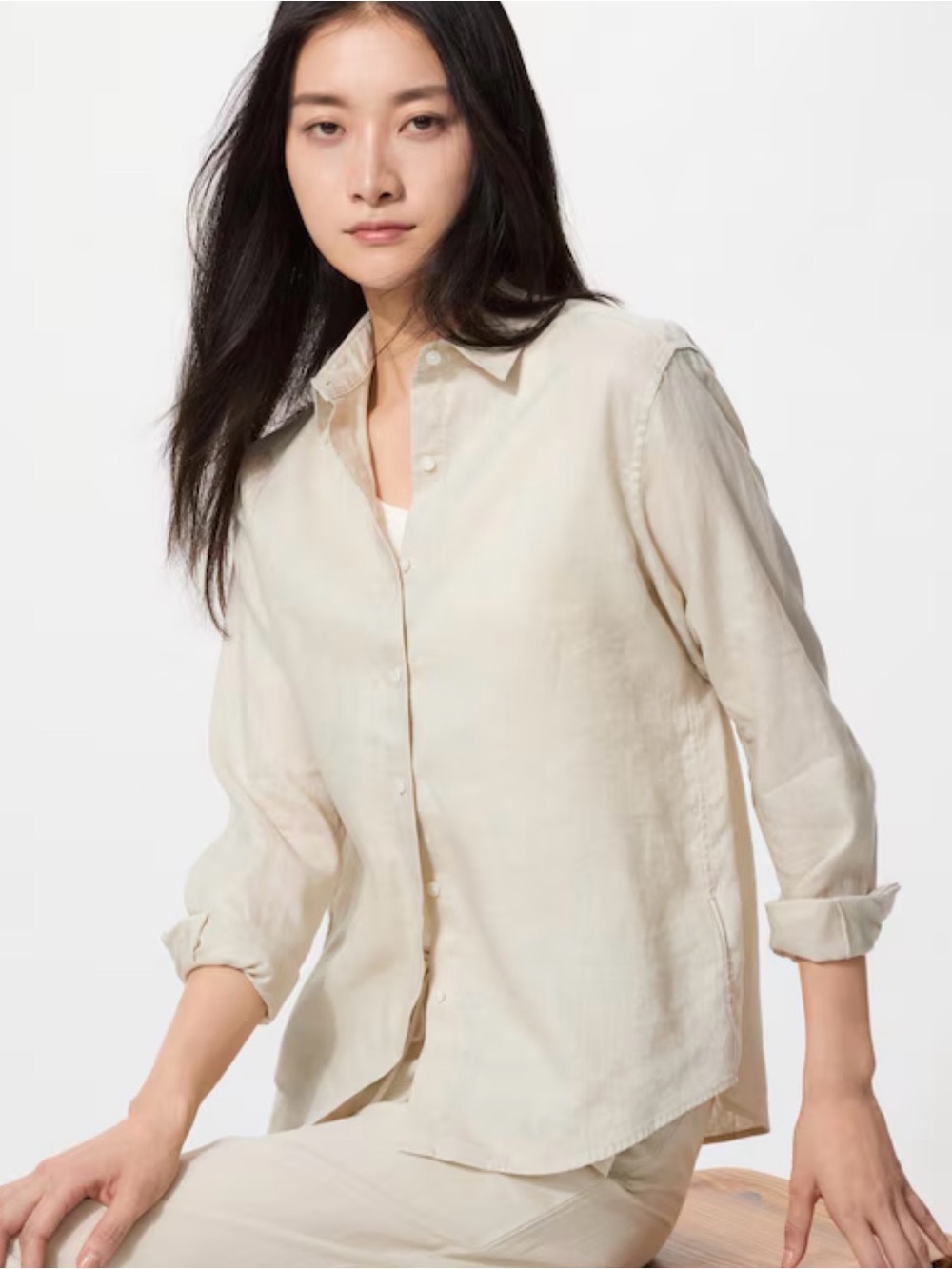 Uniqlo Premium Button-down Linen Long Sleeve Top in Natural Size M